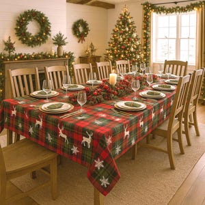 Nappe de Noël imperméable à carreaux, tartan rouge et vert enduit avec rennes, dimensions sur mesure