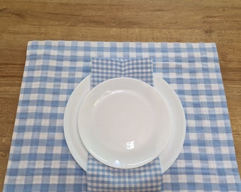 Gingham Placemats and Napkins Blue & White, Many Colors Checked Cotton Farmhouse Dining Place Mat, Country Style Gift Checkered Table Mat