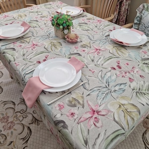 Grey Floral Tablecloth with Pink and Green Flowers Print, Custom Extra Large Round, Oval, Square, Rectangle Cotton Table Cloth, Pink Napkins