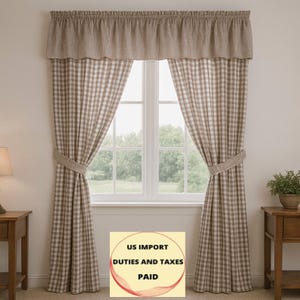 Farmhouse Gingham Curtains: Custom Beige Checked Cotton Pair Panels with Tie Backs, Cottage Drapes