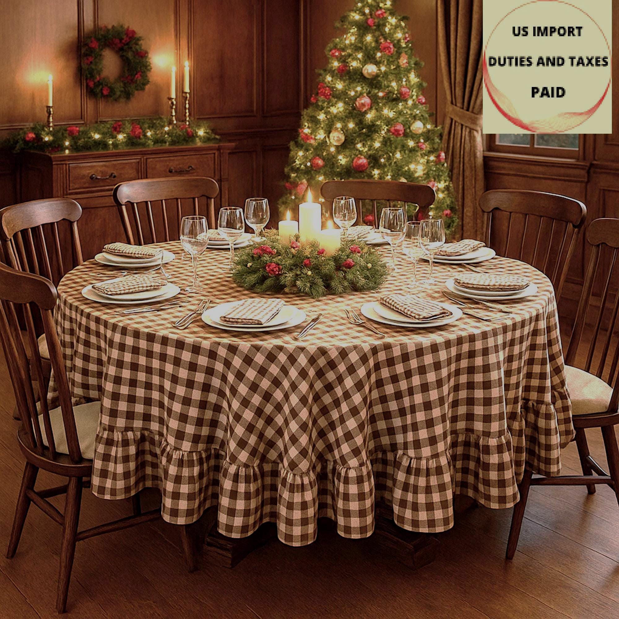 Chocolate Brown Checkered Round Ruffle Tablecloth, Custom Size