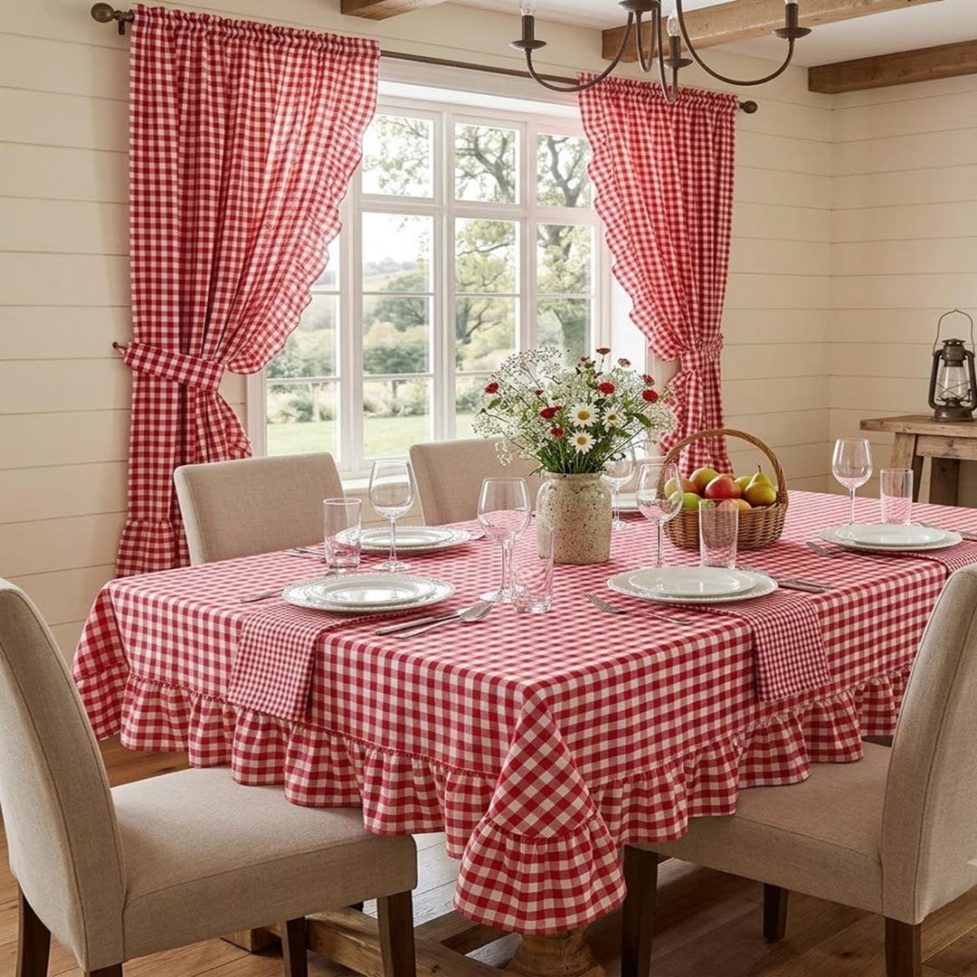 Rote Tischdecke mit Vichy-Karo und Rüschen, moderner Landhausstil, rustikales Karomuster aus Baumwollmischgewebe, Sondergröße XL