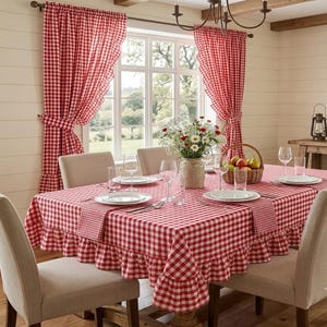 Red Gingham Ruffle Tablecloth, Modern Farmhouse Rustic Checkered Cotton Blend, Custom Size Extra Large