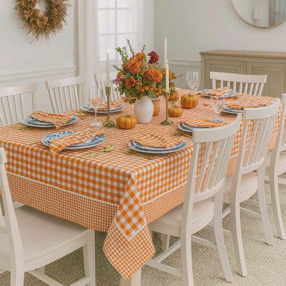 Orangefarbene Tischdecke mit Vichy-Karo und Bordüre, modernes Landhausmuster aus karierter Baumwolle, individuelle Größe (rechteckig/quadratisch)