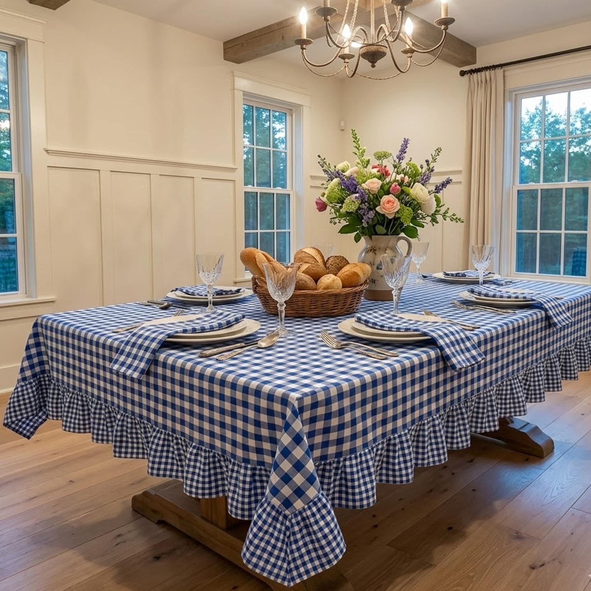 Red and White Gingham Ruffle Tablecloth + 14 Colors, Custom Size