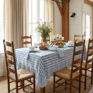 Blaue Gingham Rüschen Tischdecke, karierte Baumwolltischdecke mit gerüschtem Rand