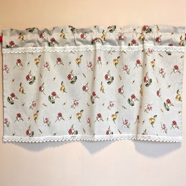Retro Beige Floral Cafe Curtains, Tan Cotton with Small Flowers Print, Custom Size Short Curtain and Valance, Country Cottage Kitchen Drapes