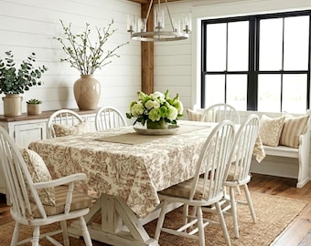 Beige Toile Tablecloth, Custom Extra Large Sizes, French Cotton Toile de Jouy Table Cloth