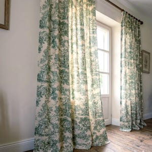 Groene toile-gordijnen: panelen per paar, aangepast formaat, Franse toile de jouy-katoenen raamgordijnen