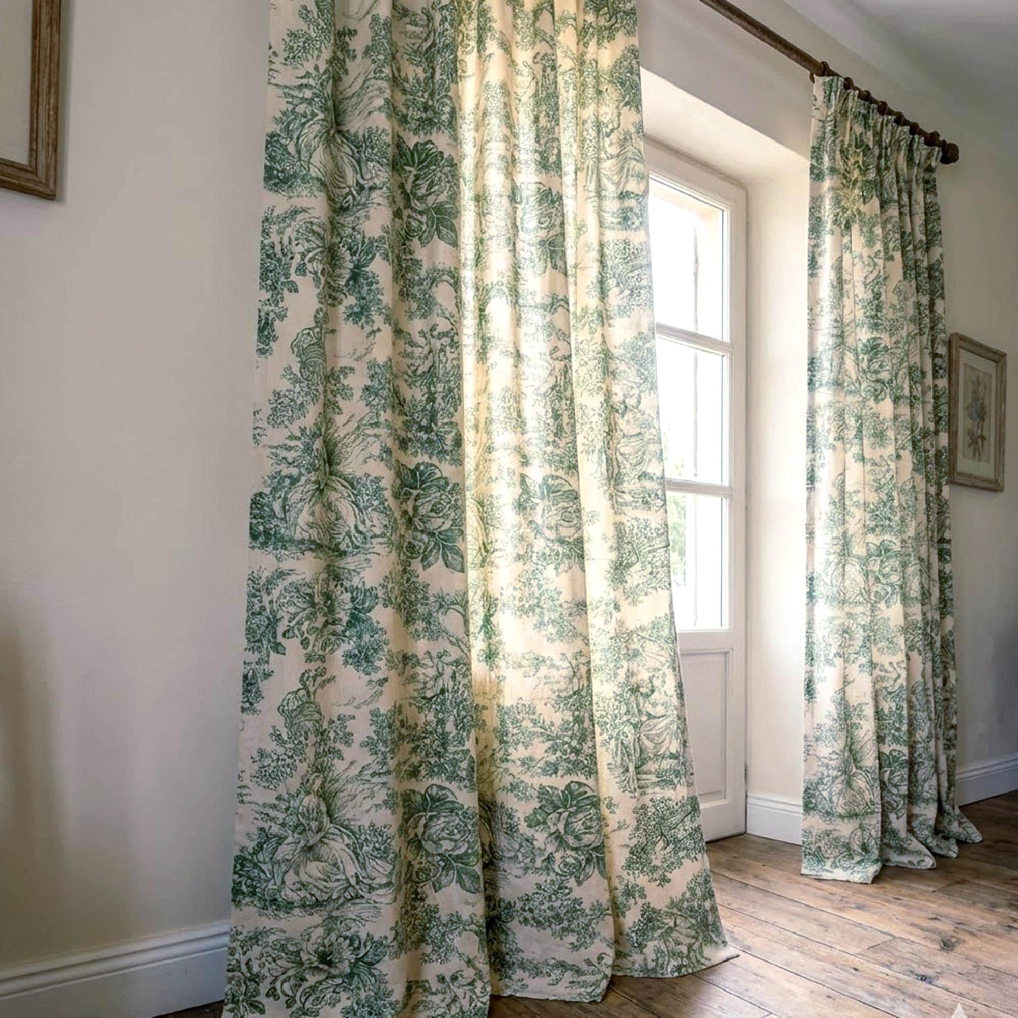 Green Toile Curtains - Pair Panels, Custom Size, French Toile De Jouy