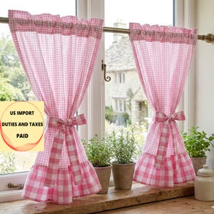 Cafégordijnen met roze gingham-ruit en ruches: aangepast formaat boerderijkeukengordijnpanelen en strikband,