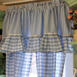 Gingham Curtains & Ruffle Valance Light Blue + 13 Colors, Custom Size Retro Cafе Curtains, Price for Pair Panels with Tie Backs or Valances
