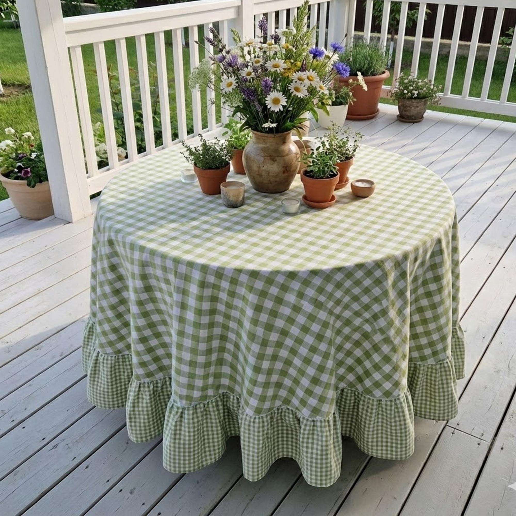 Red and White Gingham Ruffle Tablecloth + 14 Colors, Custom Size