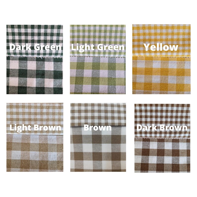 May include: A collection of fabric swatches in various colors, each featuring a gingham pattern. The swatches include dark green, light green, yellow, light brown, brown, and dark brown. Each swatch has the color name printed on it.