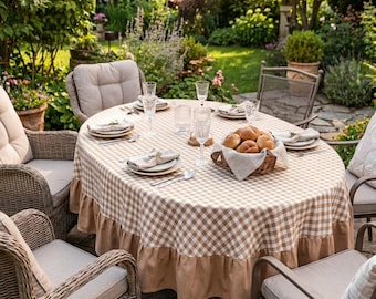 Wasserfeste Rüschentischdecke Beige & Weiß + 3 Farben, beschichteter Baumwoll-Gingham-Stil, karierte Tischdecke im Cottagecore-Stil