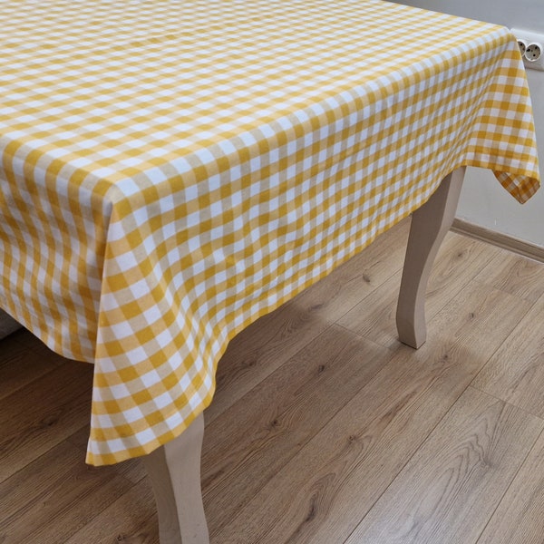 Gelbe Gingham-Tischdecke, individuelle Größe und Form, große frühlingskarierte Tischdecke, 14 Farben Baumwolle, Büffelkaro, Bauernhaus-Tischdecke