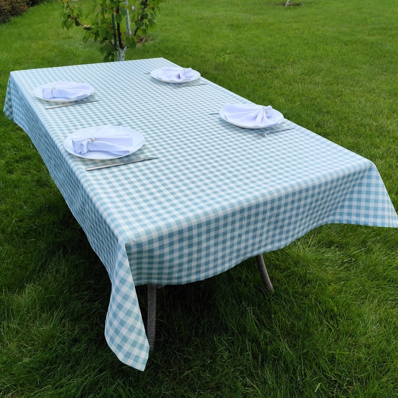 Coated Tablecloth - Teal or Navy Blue Gingham Cotton, Custom Size ...