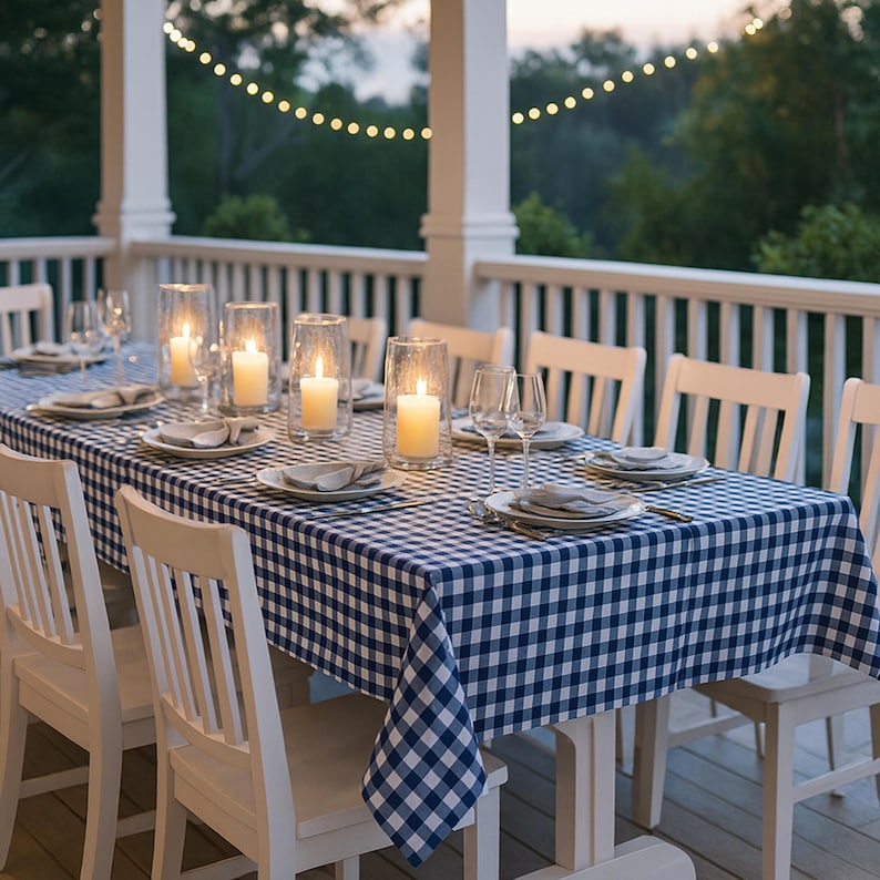 Coated Tablecloth - Teal or Navy Blue Gingham Cotton, Custom Size ...