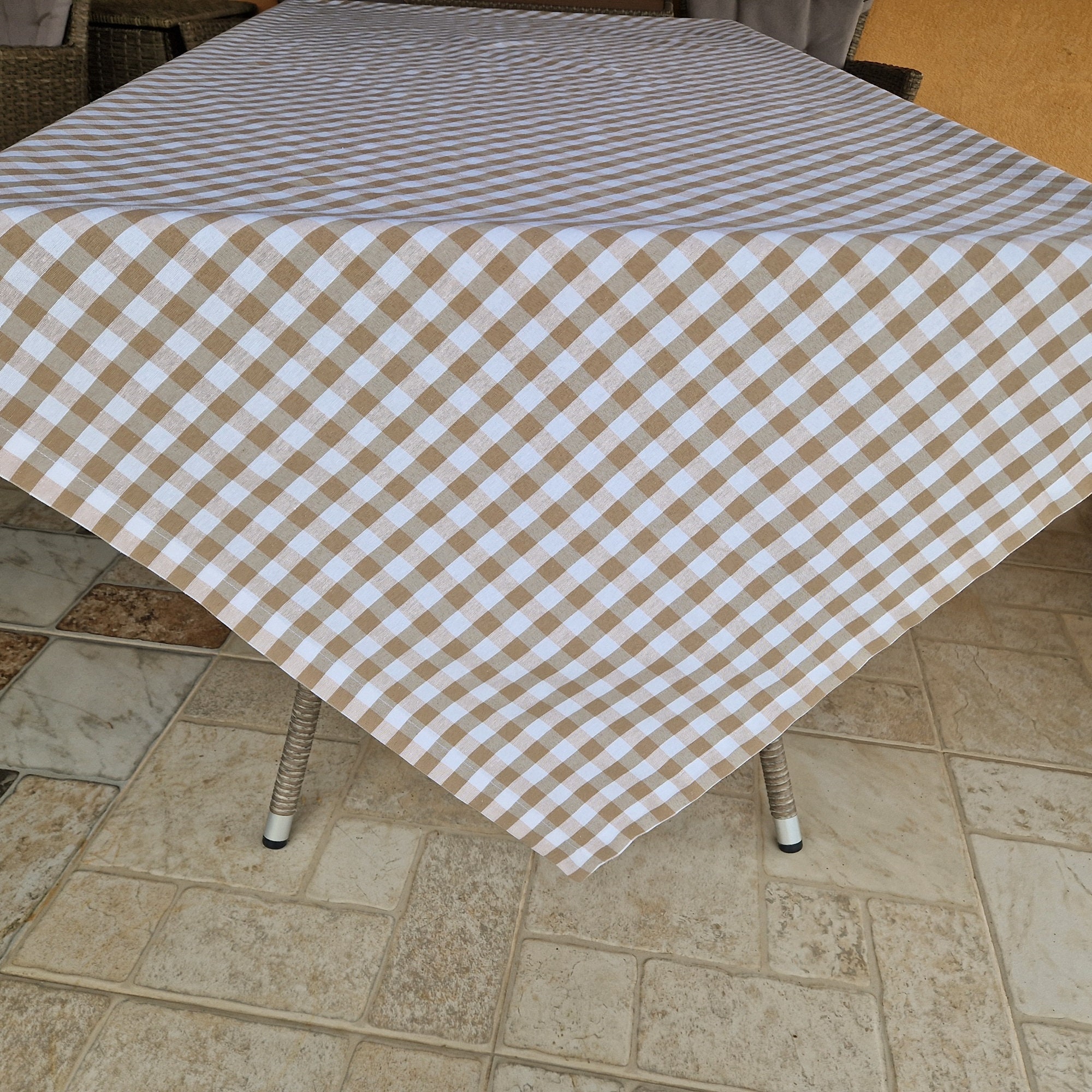 Beige Gingham Tablecloth, Custom Large or Small Round Oval