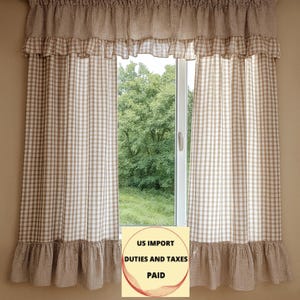 Beige Gingham Ruffle Curtain Panel, Custom Size Checked Cotton Cottage Drape