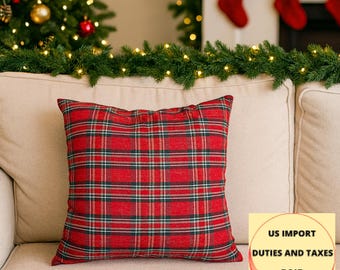 Tartan Plaid Christmas Pillow Case - Holiday Decorative Red & Green with Delicate Shimmer
