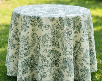 Round Green Toile Tablecloth, Custom Extra Large Sizes, French Cotton Toile de Jouy Linens