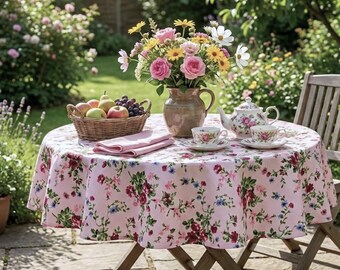 春の花柄テーブルクロス - ブルーにピンクと紫の花柄プリント、防水