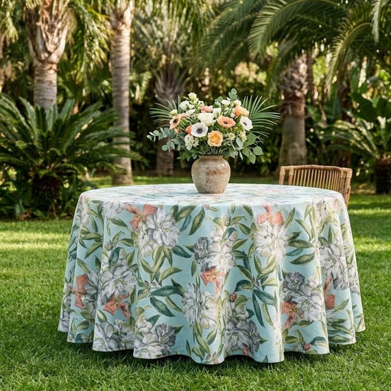 Türkisfarbene Tischdecke mit Blumenmuster, englischer Landhausstil, botanisches Minzdekor, individuelle Größe (rund, oval, rechteckig)