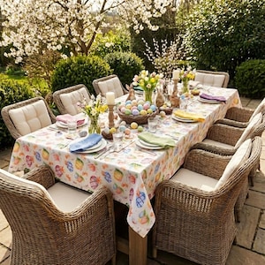 Easter Tablecloth: Painted Eggs & Flowers, Custom Size and Shape, Spring Holiday Table Cloth