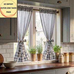 Grijze gingang cafégordijnen met ruches, aangepast formaat boerderij keuken panelen volants