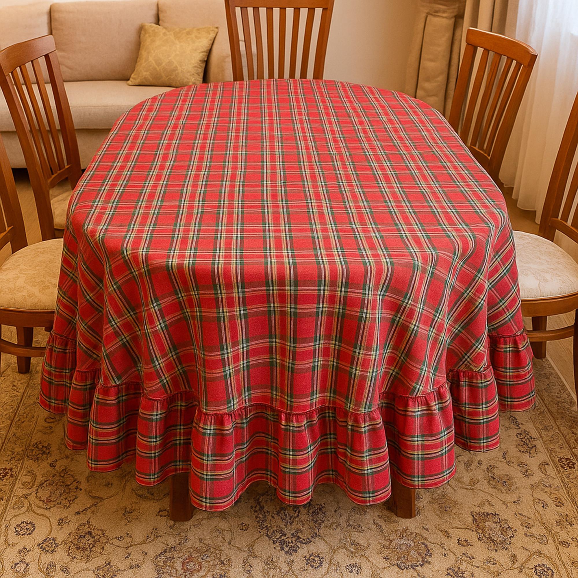 Christmas Ruffle Tablecloth, Delicate Shimmer Red and Green Tartan