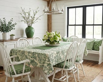 Green Toile Tablecloth, Custom Extra Large Sizes, French Country Cotton Toile de Jouy Linens