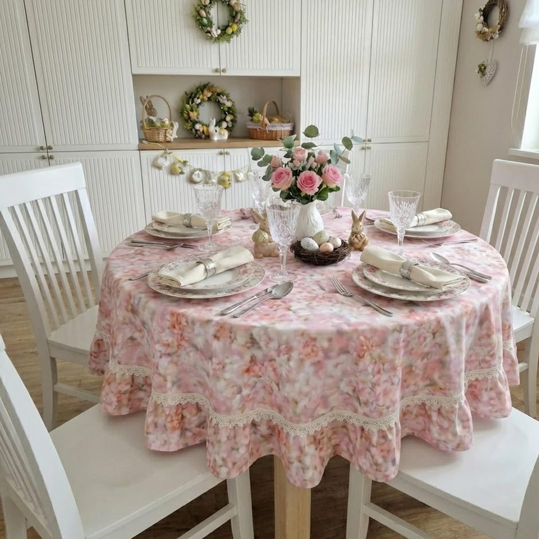 Pink Ruffle Tablecloth Round Pink Floral Ruffle Tablecloth, Custom Size & Shape Spring Easter ...