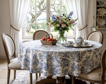 Blue Toile Tablecloth, Custom Extra Large Sizes, French Cotton Toile de Jouy Table Cloth
