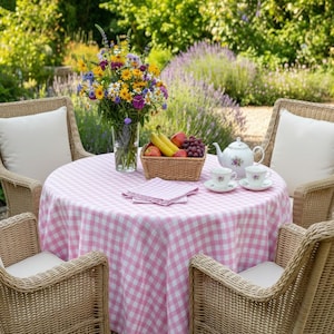 Round Pink Gingham Tablecloth + 14 Colors, Custom Size & Shape, Cotton Plaid Farmhouse Table Cloth