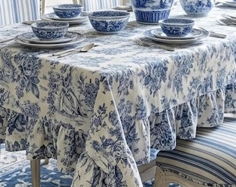 Blue Toile Tablecloth with Ruffles, Custom Cottagecore Decor, Toile de Jouy Cotton Table Cloth