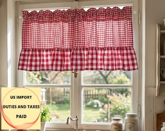 ブルーのギンガムチェックカーテン、バランス、カスタムサイズのペア