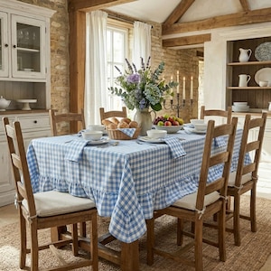 Blaue Gingham Rüschen Tischdecke: Benutzerdefinierte Größe Französische Landhaus karierte Tischdecke mit gerüschter Kante