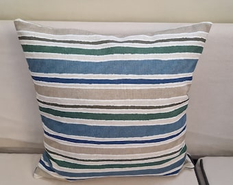 Funda de almohada de algodón a rayas: beige, azul y verde - Decoración rústica moderna