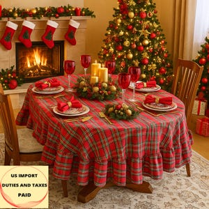Holiday Oval Ruffle Tablecloth - Tartan Plaid Red and Green Christmas Decor, Custom Size