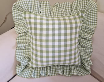 Green Ruffle Gingham Plaid Throw Pillow Cover, Frilly Euro Sham, Custom Size & Color Cushion Cover, Check English Country Decorative Accent