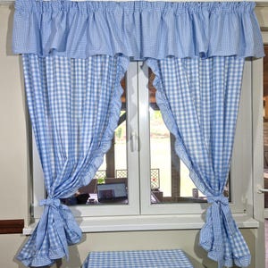 Farmhouse Ruffle Gingham Cafe Curtains Valances 14 Colors, Custom Size Set of 2 Checkered Short Curtain Panels for Cottage Kitchen Window