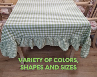 Rustic Green Gingham Tablecloth with Ruffle, Custom Large Round Oval Square Rectangle Checked Table Cloth, Spring Country Frilly Table Cover