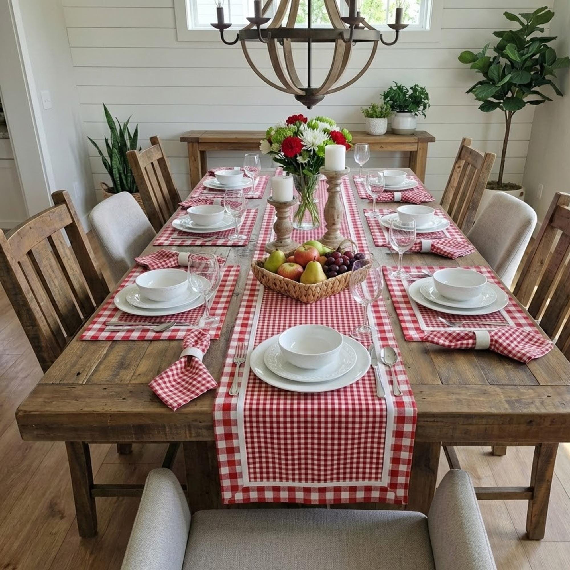 linen runner with plaid placemats on kitchen table, seasonal textile layering