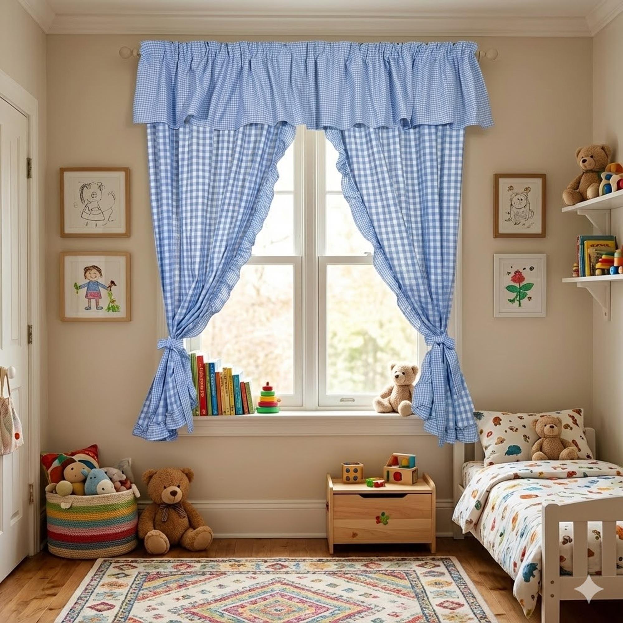 フリルギンガムカーテン - フレンチカントリーチェック柄カーテン