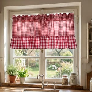 Cortinas de café con volantes de cuadros rojos: paneles escalonados a cuadros para cocina estilo rústico, tamaño personalizado.