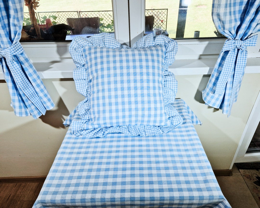 Custom Ruffle Pillow Cover, Light Blue Gingham Pillow Cover, Plaid