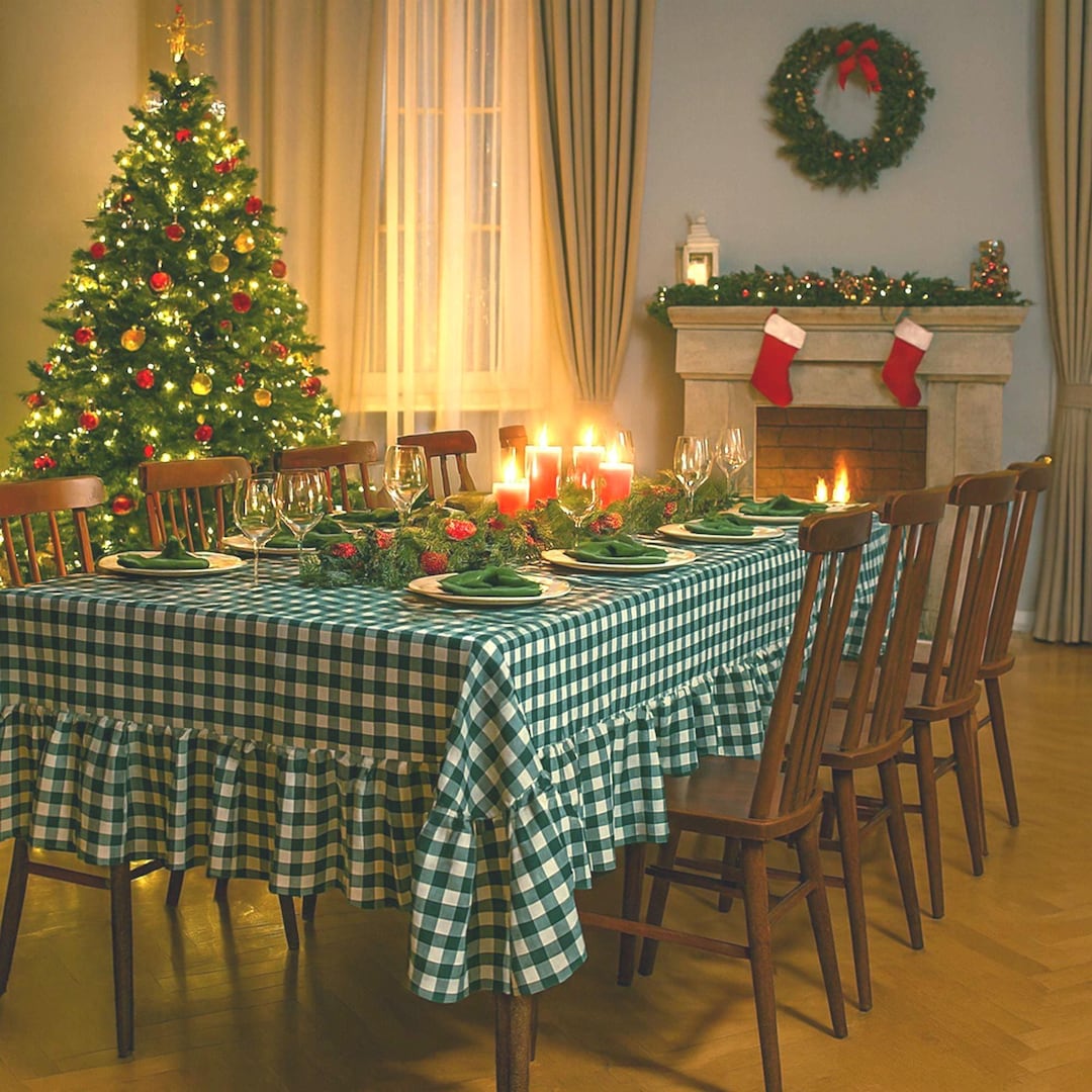Ruffle Table Cloth Dark Green Gingham: Custom Checked Cotton