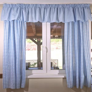 Blue Gingham Curtains & Valances, Custom Made Plaid Short Curtain Panels, Checkered Long Curtain for Country Cottage Kitchen Bedroom Dining