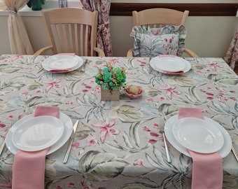 Pink & Green Flowers Tablecloth, Custom Small or Extra large Round, Oval, Square, Rectangle Floral Table Cloth, Dining Table Cover, Napkins